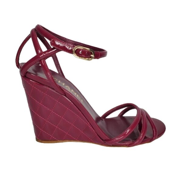 Chanel Quilted Patent Leather Strappy Wedge Heel Sandals - Picture 1 of 7